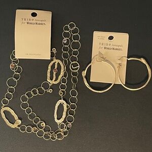 Tribe Amrapali World Market 14k Gold Plated Crystal Long Necklace Hoop Earrings